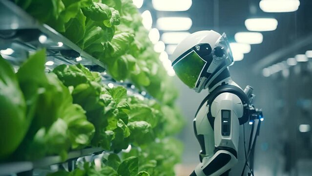 A scientists robot artificial futuristic vertical farming concept. sustainable solutions for urban agriculture. The impact of vertical farming and hydroponic technology	