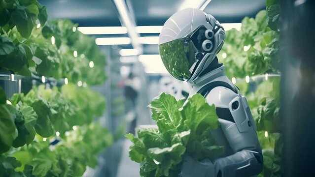 A scientists robot artificial futuristic vertical farming concept. sustainable solutions for urban agriculture. The impact of vertical farming and hydroponic technology	