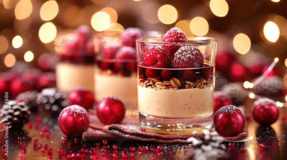 Poster a close-up of a dessert with raspberries in a glass, set on a table against a backdrop of twinkling 