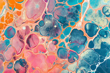 abstract liquid marbling painting with fluid shapes, shades of blue, pink and orange, abstract waves, wallpaper, photorealistic // ai-generated 