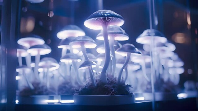 Sustainable solutions for urban agriculture. The impact of vertical farming and hydroponic technology. Organic mushrooms growing on modern mushroom farm with smart technologies. high - tech greenhouse