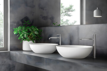 Contemporary round bathroom sink with grey marble tiles and a smooth silver faucet, ideal for adding a touch of modern sophistication to any interior space