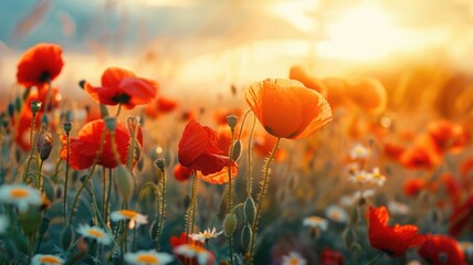 Obraz premium Field of vibrant red poppies and white daisies bathed in golden sunlight