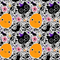 Fototapeta premium Halloween pumpkins seamless monsters pattern for wrapping paper and fabric