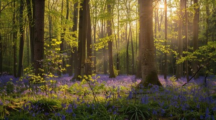   Sun shining through trees, bluebells in foreground, green grass background