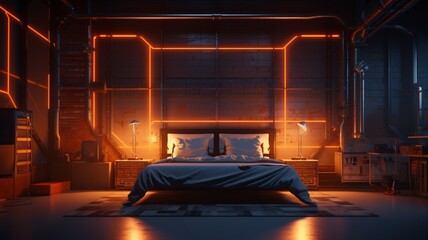 Image of industrial neon bedroom interior design in orange