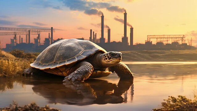 Sea turtle on the background of an industrial plant polluting the water and the atmosphere. Disease and death of reptiles and animals due to oil spills, waste and microplastics	