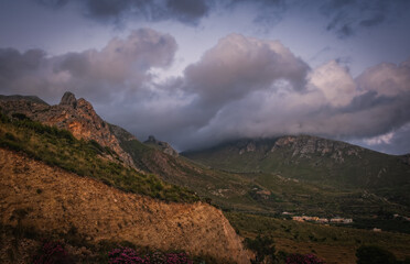 Amazing sunset view of a Mediterranean landscape from the Macari viewpoint in Sicily near San Vito Lo Capo. June 2023