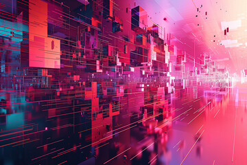 abstract technology background, hightech, futuristic illustration in red, pink and purple colors, geometric shapes, illustration // ai-generated 