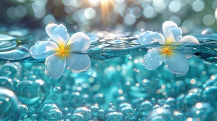   A cluster of pure blossoms adrift atop tranquil water's surface, beneath which gentle ripples form