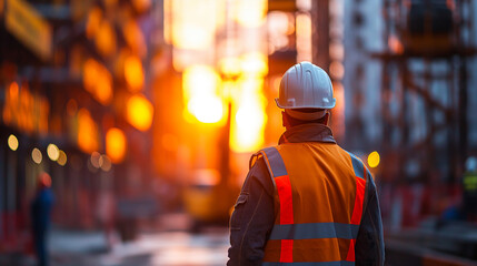 construction worker wearing a helmet stands on a site 