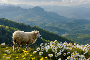 Fototapeta premium A sheep is standing in a field of flowers