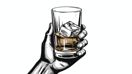 Whiskey bottle and hand holding full shot glass ske
