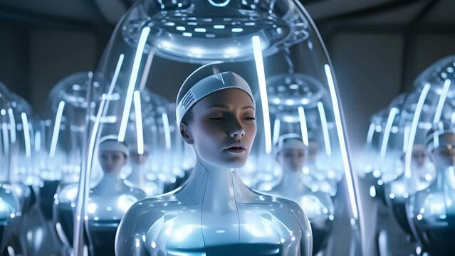 Human clone factory, Human in the capsules, capsule with human woman body inside	