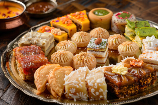 A tray of assorted Indian desserts, including cakes and pastries