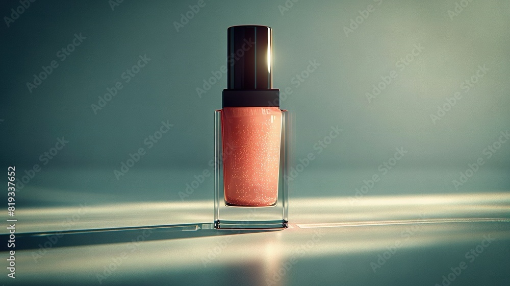 Poster close-up of a bottle on table with light reflecting off its top