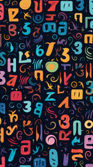 Fototapeta premium Abstract Image, Colorful Letters and Numbers, Pattern Style Texture, Wallpaper, Background, Cell Phone and Smartphone Cover, Computer Screen, Cell Phone and Smartphone Screen, 9:16 Format - PNG