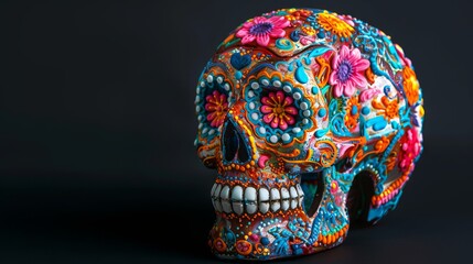 Colorful sugar skull with intricate floral patterns. Vibrant calavera with flower designs. Concept of Day of the Dead, Mexican culture, traditional crafts, Halloween. Banner. Copy space