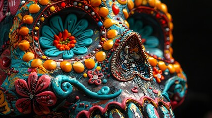 Colorful sugar skull close up with intricate floral patterns. Vibrant calavera with flower designs. Concept of Day of the Dead, Mexican culture, traditional crafts, Halloween