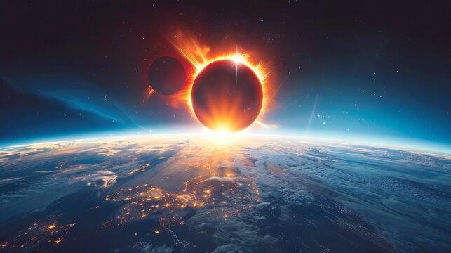 Solar eclipse seen from space with another planet. Celestial event from the orbit with a second planet visible. Concept of astronomy, space exploration, cosmic phenomena, and planetary alignment