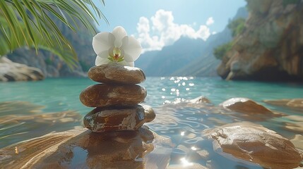   A white flower rests on rocks beside water and towering mountains