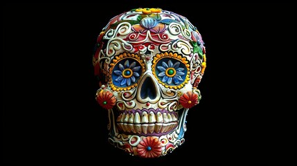 Colorful sugar skull with floral patterns isolated on black background. Vibrant calavera with flower designs. Concept of Day of the Dead, Mexican culture, traditional crafts, Halloween