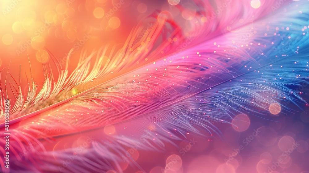 Poster close-up of multicolored feather on blurry background with bokeh lights in the background