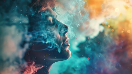 Woman's face in colorful, dreamy smoke with specks of light