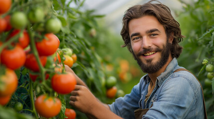 a smiling worker in the field picking tomatoes 