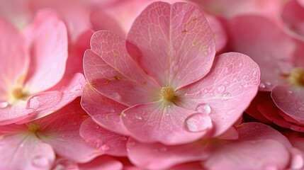   A close-up of pink flowers with water droplets on their petals