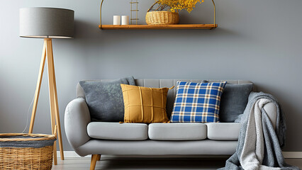 Living room with gray walls, yellow cushions and blue checkered cushions, minimalist room
