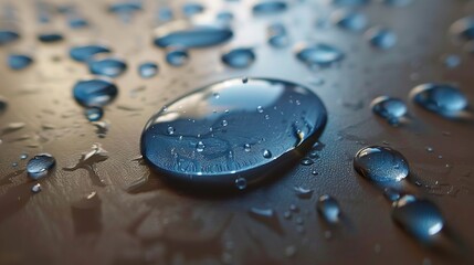   Close-up image of a water droplet on a table, surrounded by other water droplets