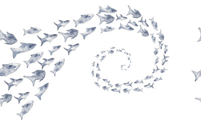 Fototapeta premium Seamless pattern with Shoal of fishes. Isolated background. Hand drawn watercolor illustration. Sea border for banner or ornament in grey and blue colors