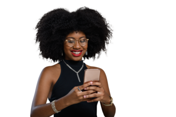 happy woman writing on a cell phone