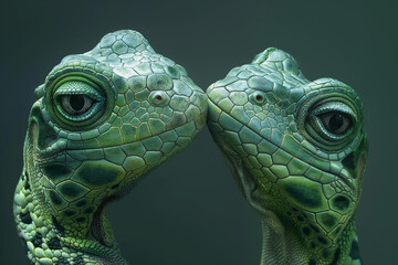 animals by ai // two green lizard heads touching, closeup portrait, facing each other, looking at camera, photorealistic // ai-generated 
