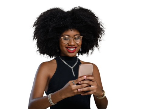 happy woman writing on a cell phone