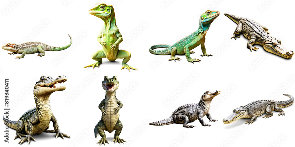 Poster a set of different types and sizes of lizards and alligators, png with transparent background, ai