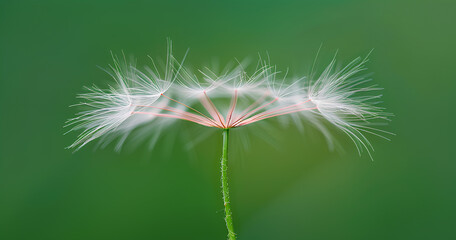 Closeup of a dandelion seed head on a green background,