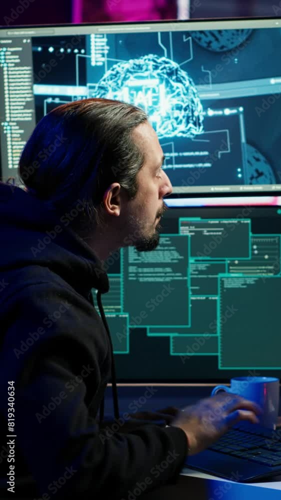Poster vertical video hacker using ai technology to target vulnerable unpatched connections to steal data. 