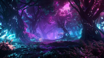 A futuristic woodland pulsating with the hum of neon energy, its vibrant hues casting an ethereal glow upon the forest floor.