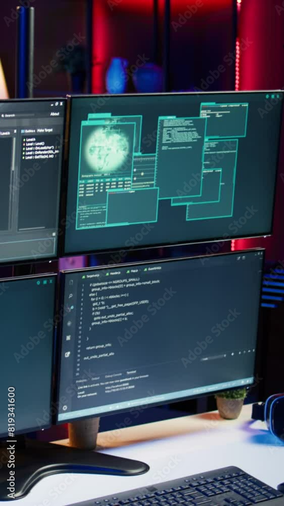 Poster vertical video lines of code displayed on computer monitors used by cybercriminal stealing sensitive
