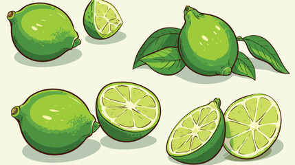 Whole and slice of unpeeled ripe green lime sketch