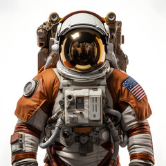 Close-up portrait of a futuristic astronaut on a white background.