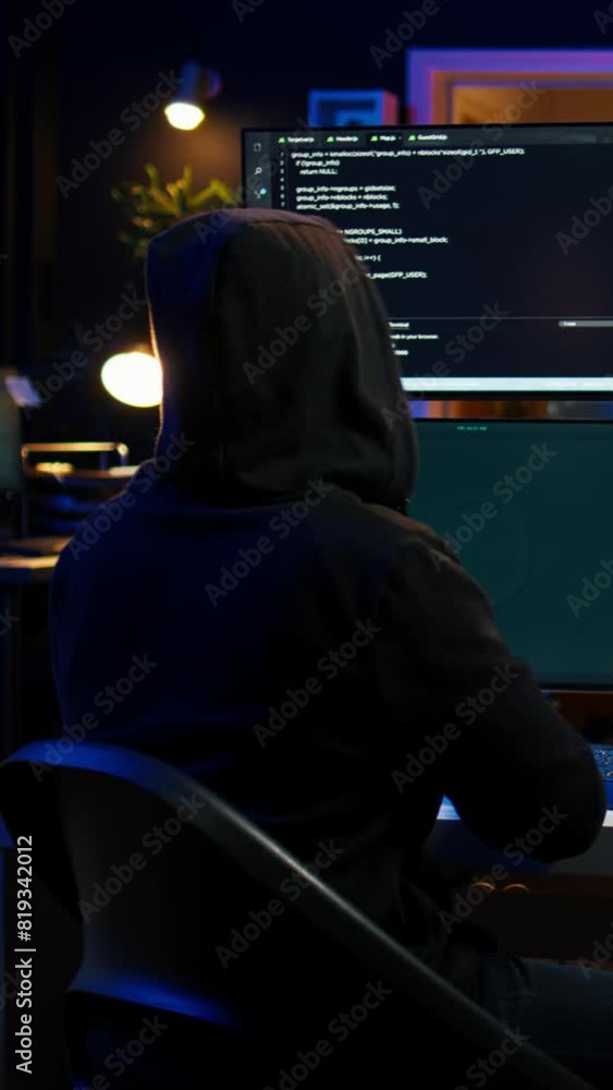 Poster vertical video happy man writing code on pc, celebrating after managing to get past security systems