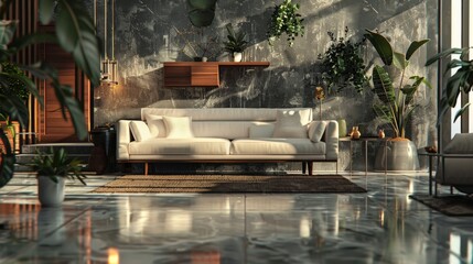 Elegant Modern Living Room Interior Design with White Sofa, Plants, and Natural Light