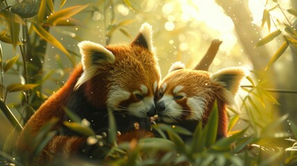 A Pair of Adorable Red Pandas Snuggle Amidst Bamboo, Displaying Love and Companionship