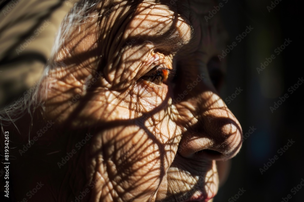 Poster Close-up image showing a detailed shot of an older person's eye shadowed by intricate light patterns