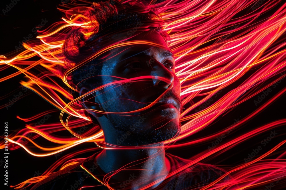 Poster a creative portrait of a man with dynamic red light trails swirling around him in the darkness