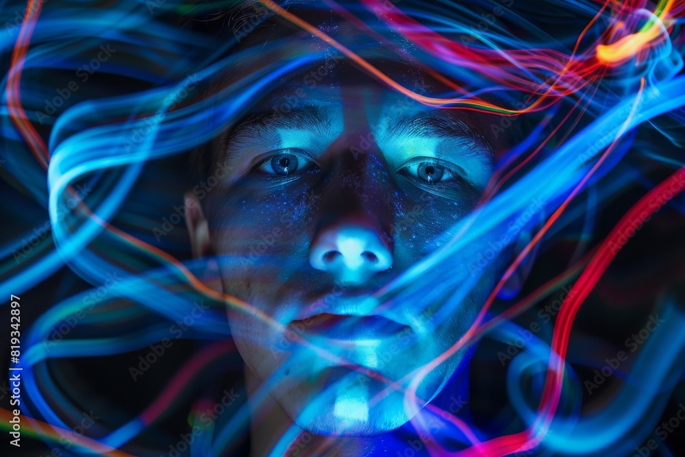 Poster Abstract light trails swirl in a vibrant dance around a blurred person, creating a surreal atmosphere