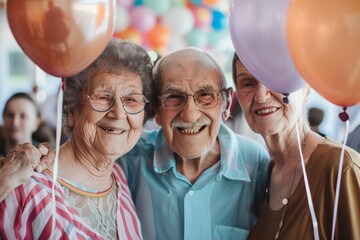 Elderly trio enjoys a festive atmosphere with balloons and lively expressions at a social gathering